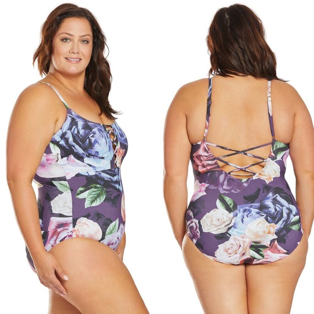 La Blanca Bloom Floral Lace Up One Piece Swimsuit